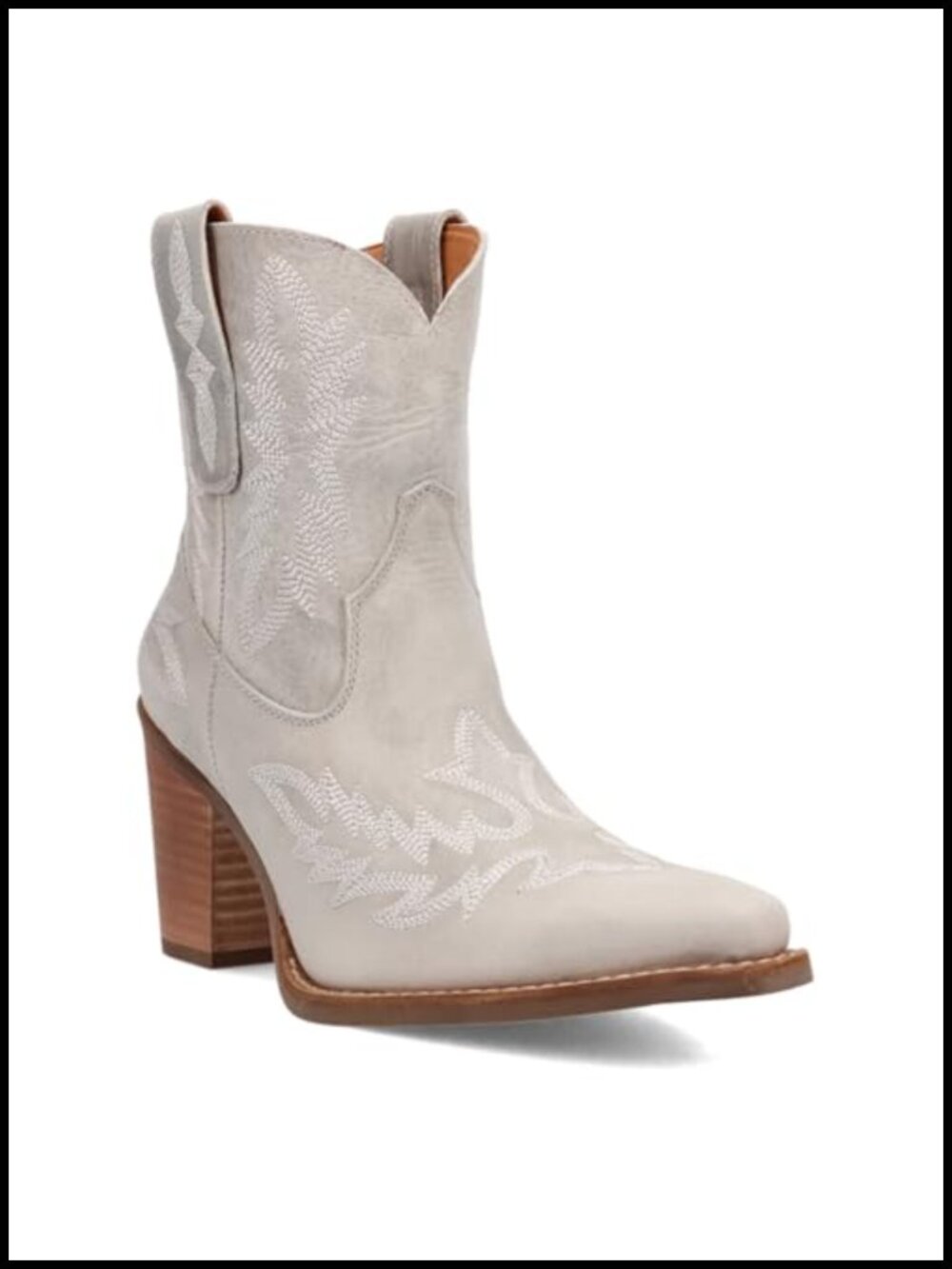 Embroidered Snip Toe Pull On Western Ankle Boots Mid Heel Leather